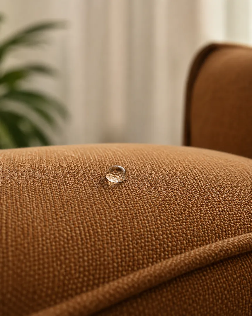 Gota d'água parada sobre tecido de sofá caramelo, sem penetrar