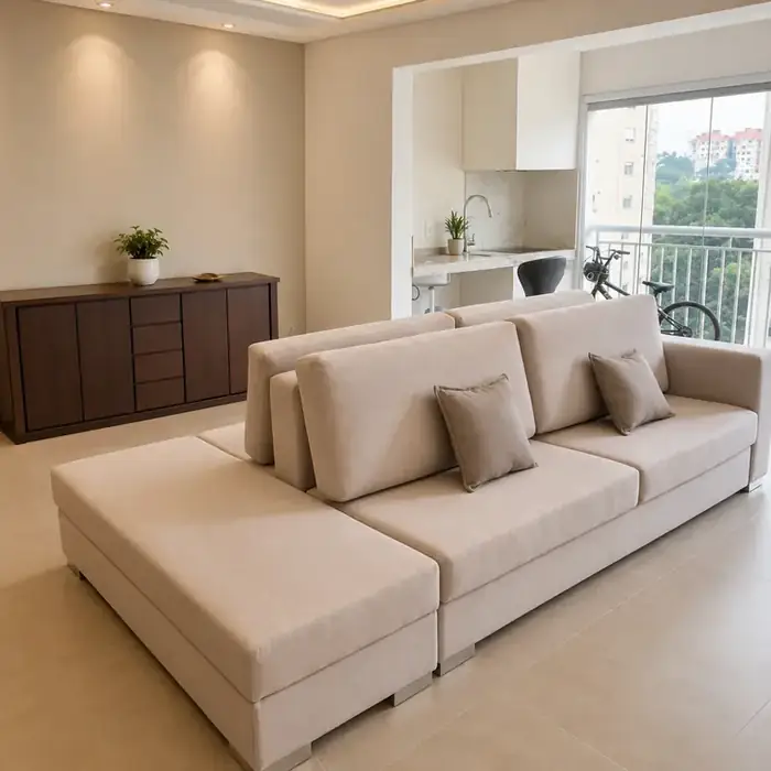 Sofá ilha em tecido bege, com chaise e almofadas